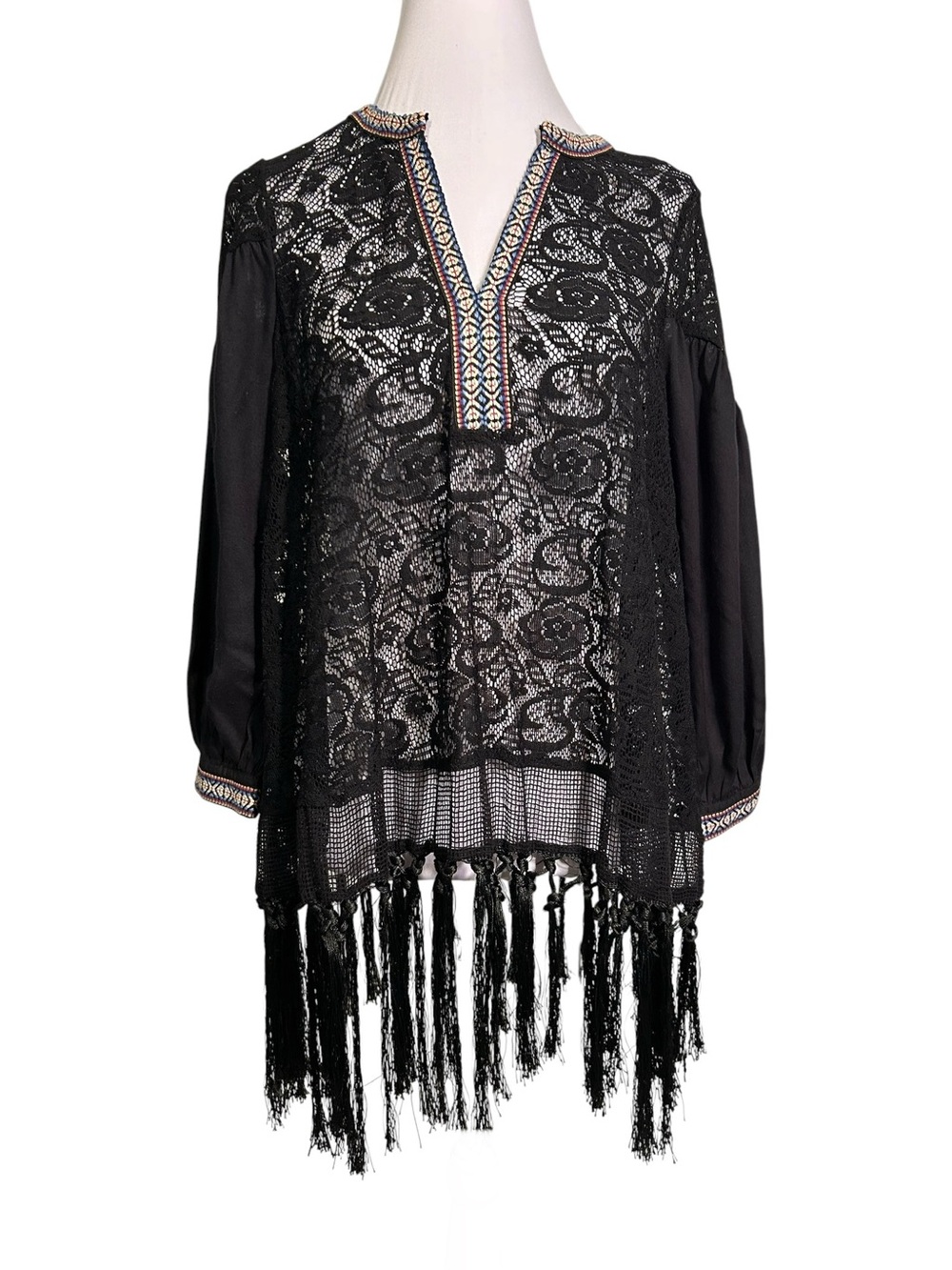 French Connection Black Lace Tunic SZ XS Fringe Embroidery Boho Whimsigoth